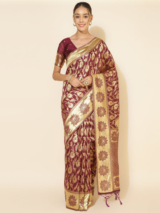 Janasya Wine Chanderi Silk Woven Paisley Chanderi Silk Saree | Swadesiicart