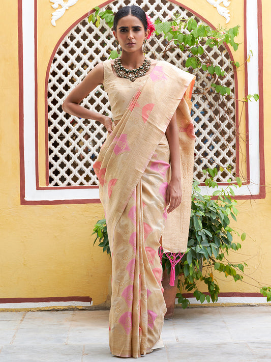 Janasya Cream Chanderi Silk Ethnic Motifs Woven Design Saree | Swadesiicart