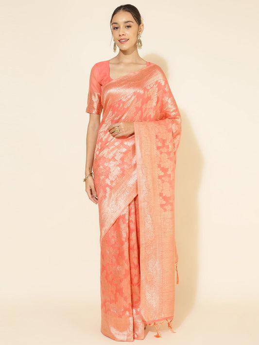 Janasya Peach Chanderi Silk Floral Woven Design Saree | Swadesiicart