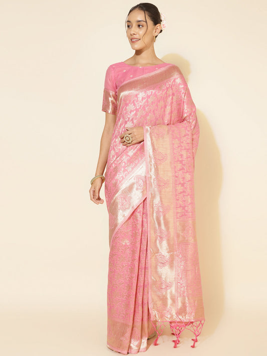 Janasya Light Pink Chanderi Silk Floral Woven Design Saree | Swadesiicart