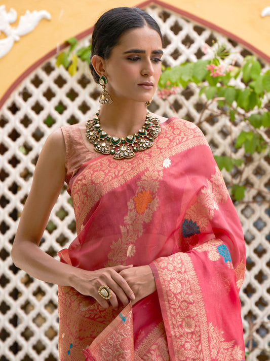 Janasya Pink Organza Woven Leheriya Kanjeevaram Saree | Swadesiicart