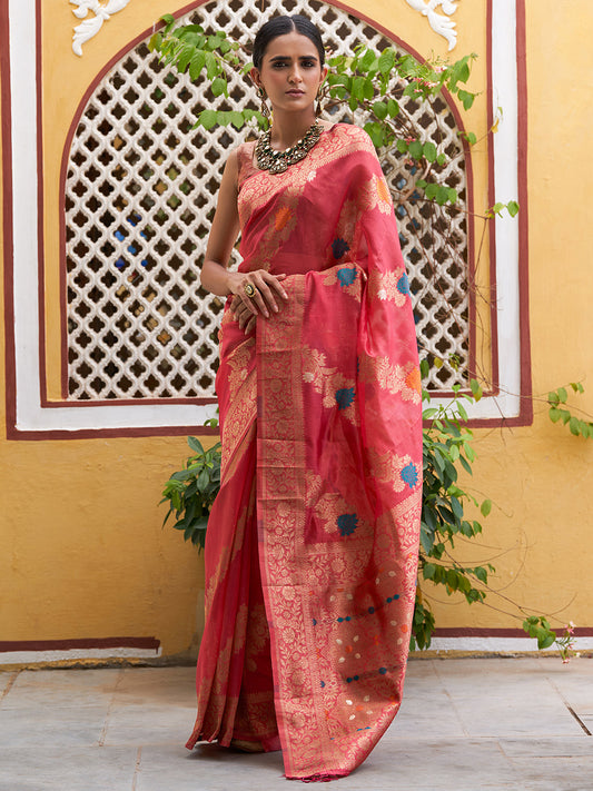 Janasya Pink Organza Woven Leheriya Kanjeevaram Saree | Swadesiicart