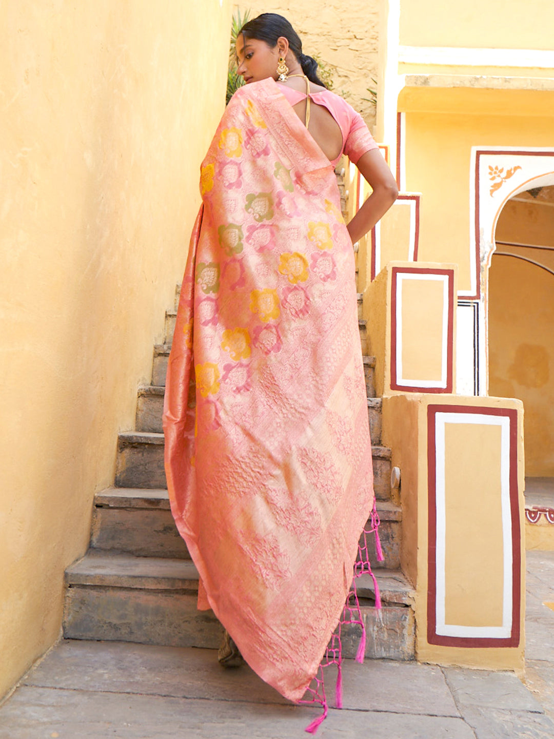 Janasya Light Pink Chanderi Silk Ethnic Motifs Woven Design Saree | Swadesiicart