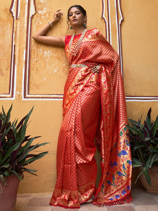 Janasya Red Paithani Silk Woven Ethnic Motifs Paithani Silk Saree | Swadesiicart