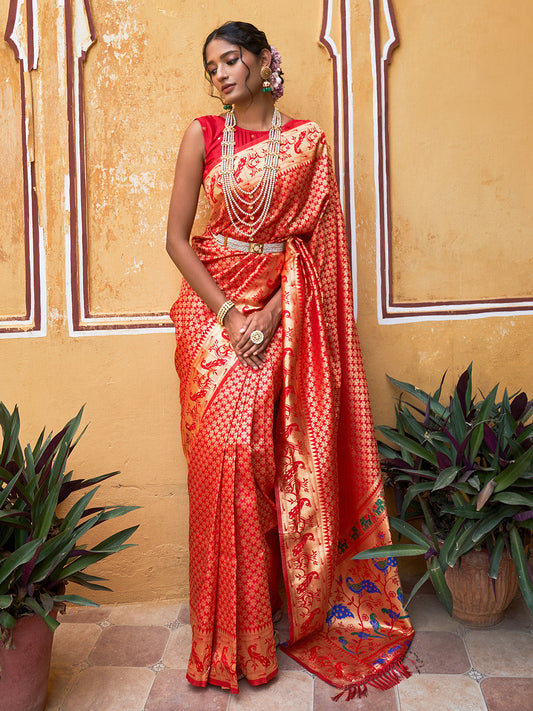Janasya Red Paithani Silk Woven Ethnic Motifs Paithani Silk Saree | Swadesiicart