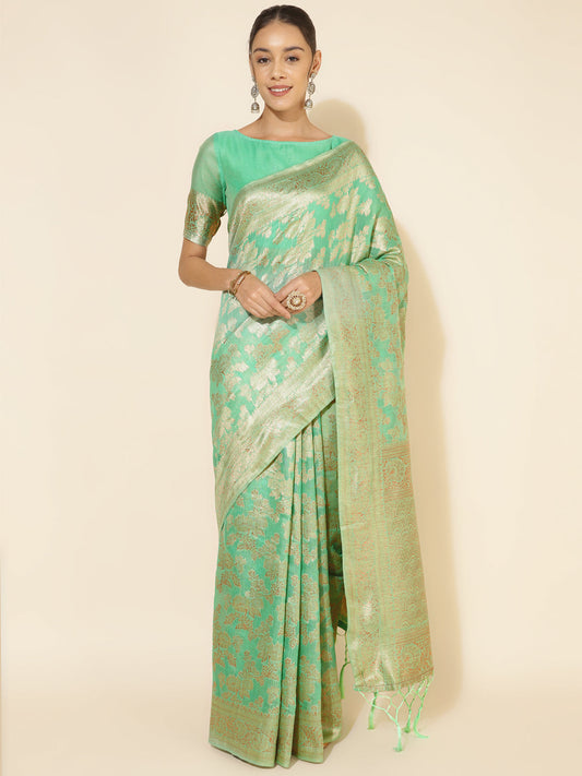 Janasya Green Chanderi Silk Floral Woven Design Saree | Swadesiicart