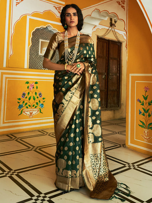 Janasya Dark Green Organza Woven Ethnic Motifs Kanjeevaram Saree | Swadesiicart