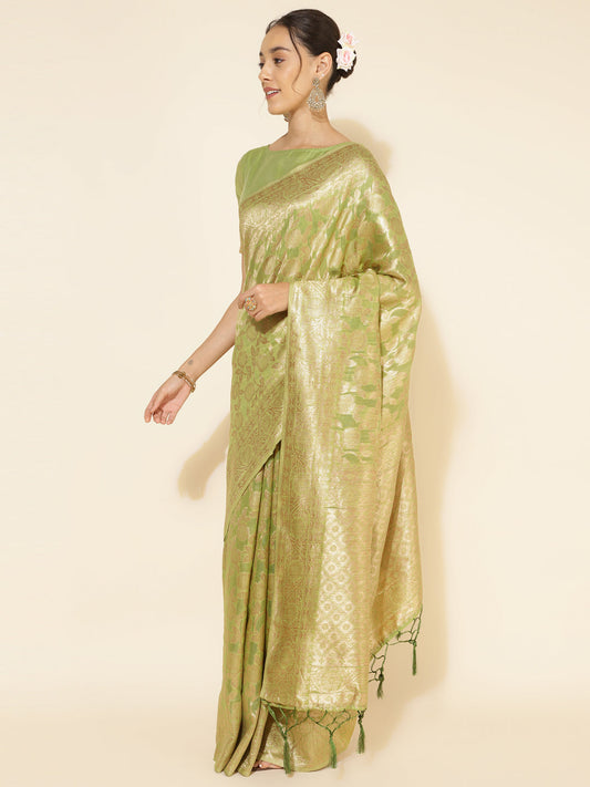 Janasya Light Green Chanderi Silk Floral Woven Design Saree | Swadesiicart
