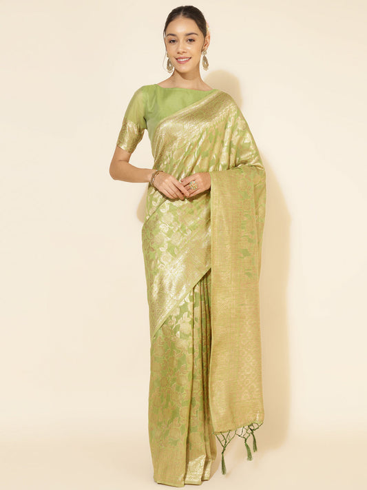 Janasya Light Green Chanderi Silk Floral Woven Design Saree | Swadesiicart