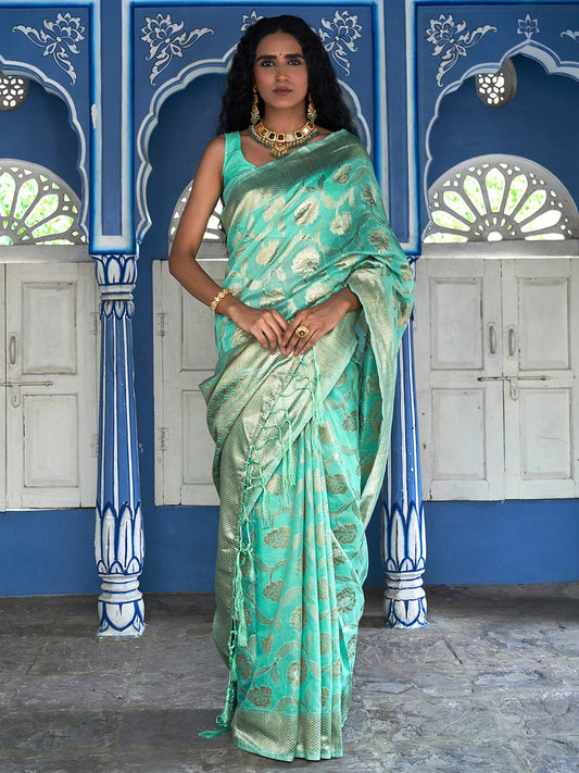 Janasya Sea Green Chanderi Silk Floral Woven Design Saree | Swadesiicart