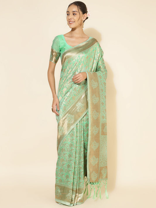 Janasya Light Green Chanderi Silk Floral Woven Design Saree | Swadesiicart