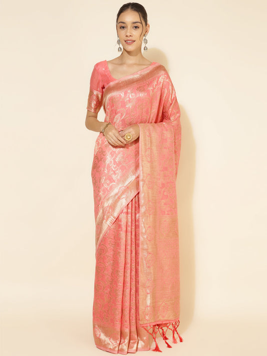 Janasya Peach Chanderi Silk Floral Woven Design Saree | Swadesiicart