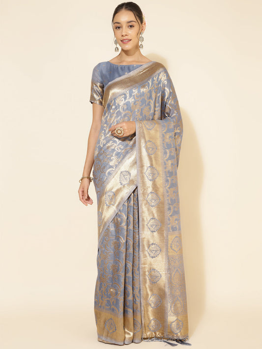 Janasya Grey Chanderi Silk Woven Ethnic Motifs Chanderi Silk Saree | Swadesiicart