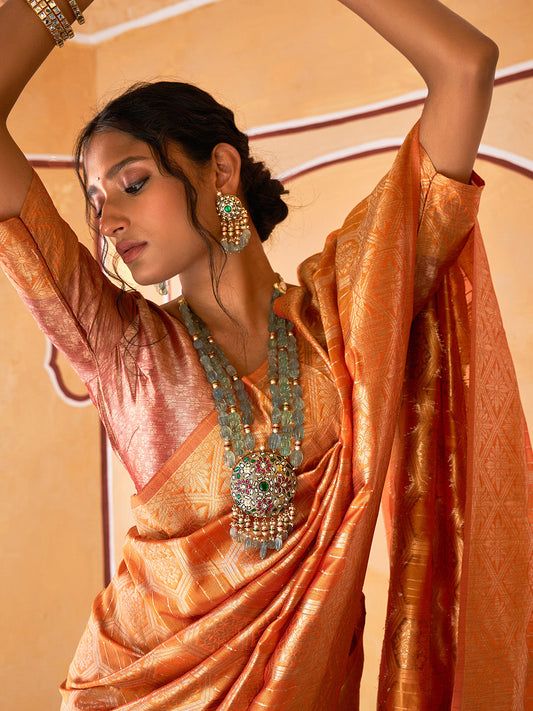 Janasya Yellow Organza Woven Ethnic Motifs Kanjeevaram Saree | Swadesiicart