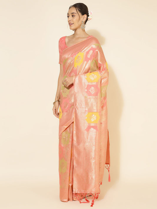 Janasya Peach Chanderi Silk Ethnic Motifs Woven Design Saree | Swadesiicart