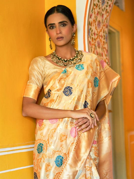 Janasya Cream Banarasi Silk Woven Floral Design Banarasi Saree | Swadesiicart