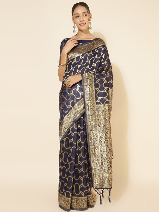 Janasya Navy Blue Chanderi Silk Woven Geometric Chanderi Silk Saree | Swadesiicart