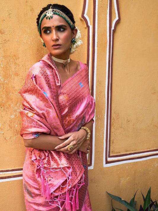 Janasya Light Pink Chanderi Silk Woven Jaal Motif Woven Design Saree | Swadesiicart