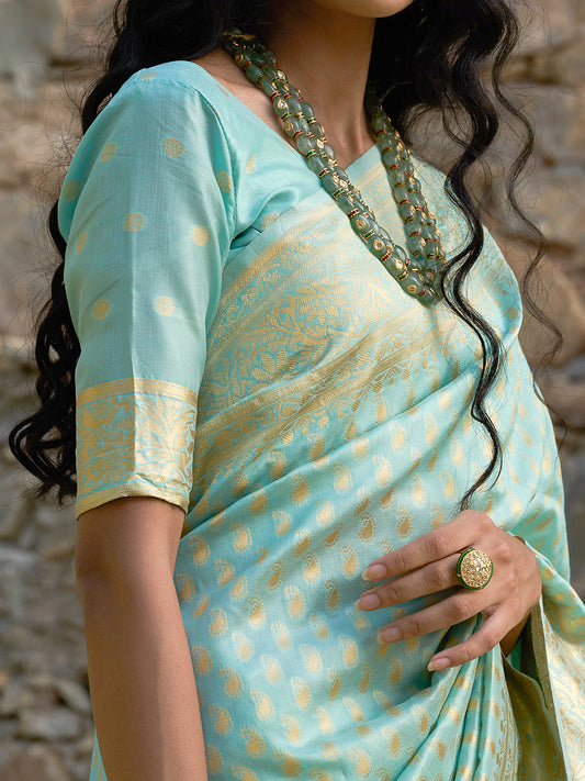 Janasya Sea Green Chanderi Silk Paisley Woven Design Saree | Swadesiicart