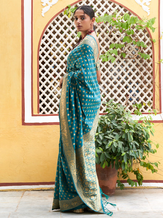 Janasya Teal Green Banarasi Silk Woven Ethnic Motifs Woven Design Saree | Swadesiicart