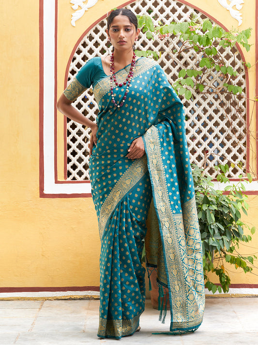 Janasya Teal Green Banarasi Silk Woven Ethnic Motifs Woven Design Saree | Swadesiicart