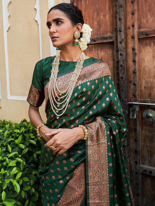 Janasya Green Banarasi Silk Ethnic Motifs Woven Design Saree | Swadesiicart