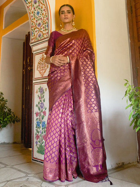 Janasya Wine Banarasi Silk Woven Ethnic Motifs Banarasi Silk Saree | Swadesiicart