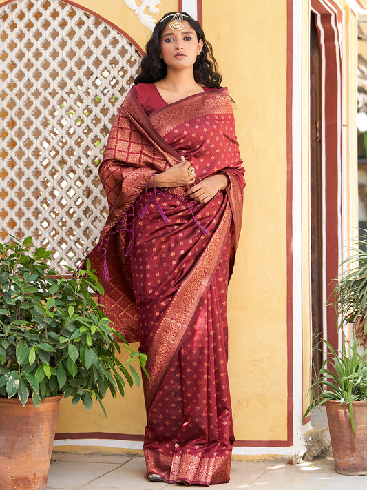 Janasya Maroon Banarasi Silk Ethnic Motifs Woven Design Saree | Swadesiicart