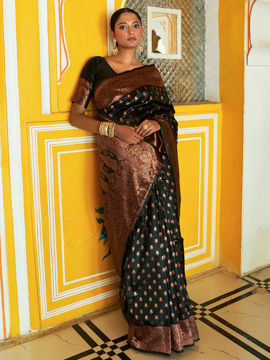Janasya Black Banarasi Silk Ethnic Motifs Woven Design Saree | Swadesiicart