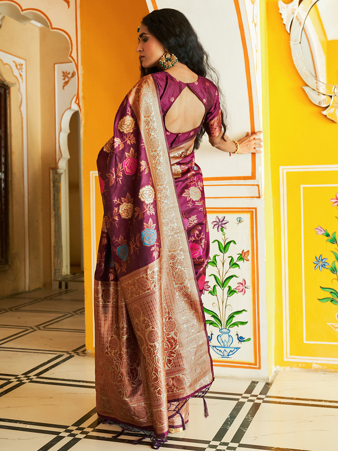 Janasya Wine Banarasi Silk Ethnic Motifs Woven Design Saree | Swadesiicart