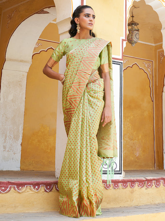 Janasya Pista Green Silk Blend Woven Polka Woven Design Saree | Swadesiicart
