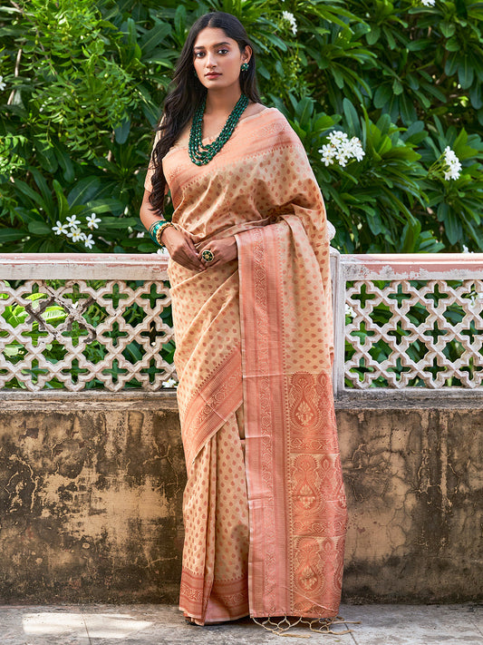 Janasya Beige Chanderi Silk Ethnic Motifs Woven Design Saree | Swadesiicart