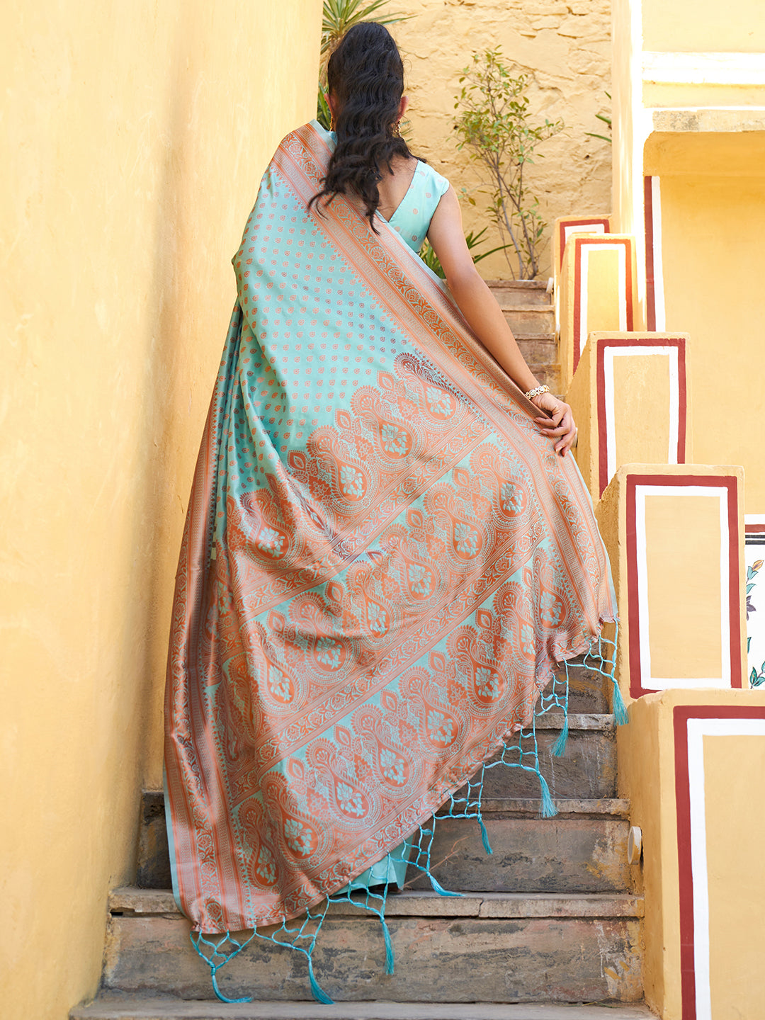 Janasya Sea Green Chanderi Silk Ethnic Motifs Woven Design Saree | Swadesiicart