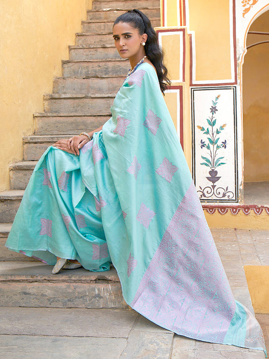 Janasya Sea Green Kanjeevaram Silk Woven Ethnic Motifs Kanjeevaram Silk Saree | Swadesiicart