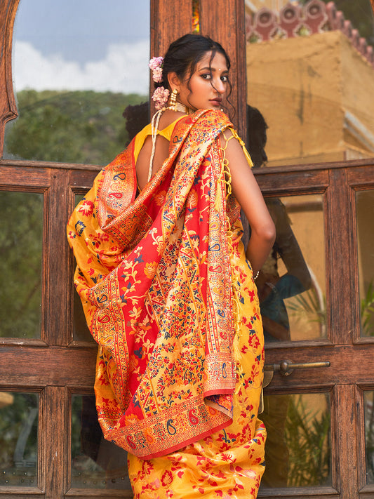 Janasya Yellow Chanderi Silk Pashmina Woven Design Saree | Swadesiicart