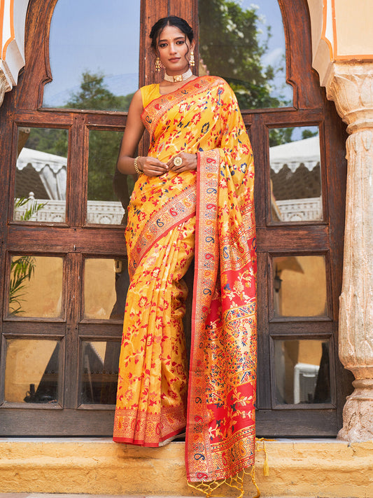 Janasya Yellow Chanderi Silk Pashmina Woven Design Saree | Swadesiicart