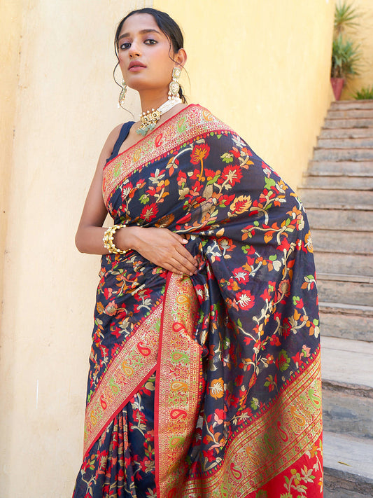 Janasya Navy Blue Chanderi Silk Pashmina Woven Design Saree | Swadesiicart
