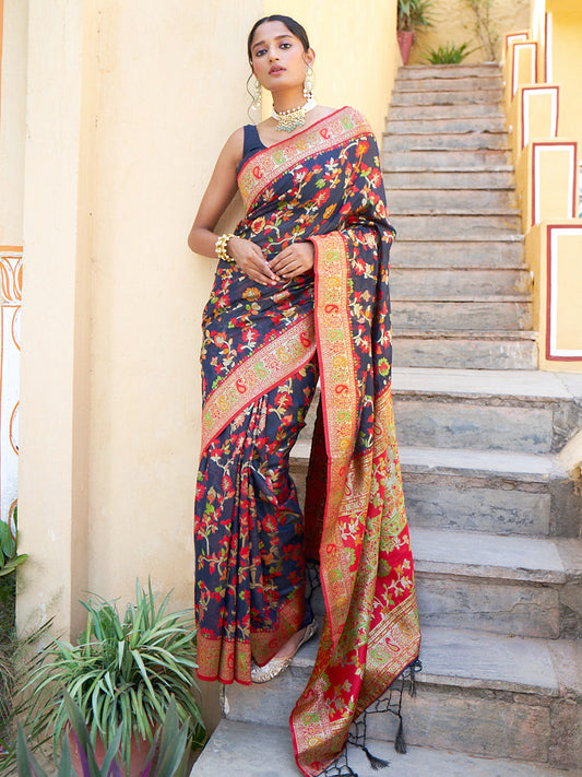 Janasya Navy Blue Chanderi Silk Pashmina Woven Design Saree | Swadesiicart