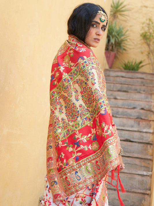 Janasya White Chanderi Silk Pashmina Woven Design Saree | Swadesiicart