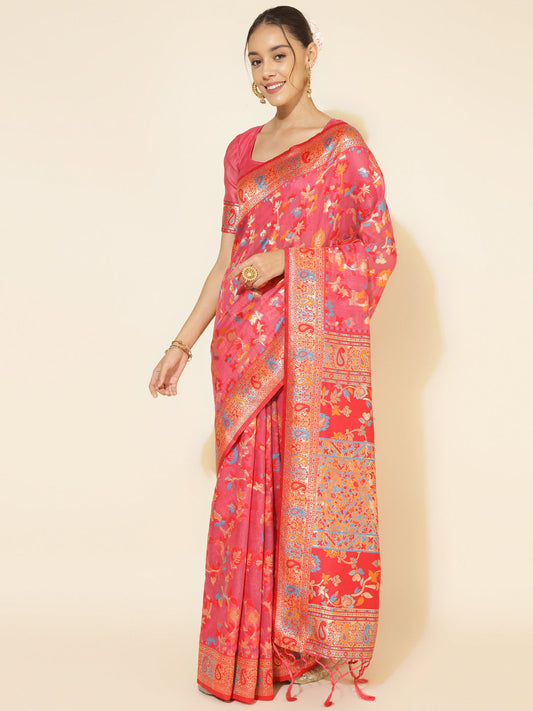 Janasya Pink Chanderi Silk Pashmina Woven Design Saree | Swadesiicart