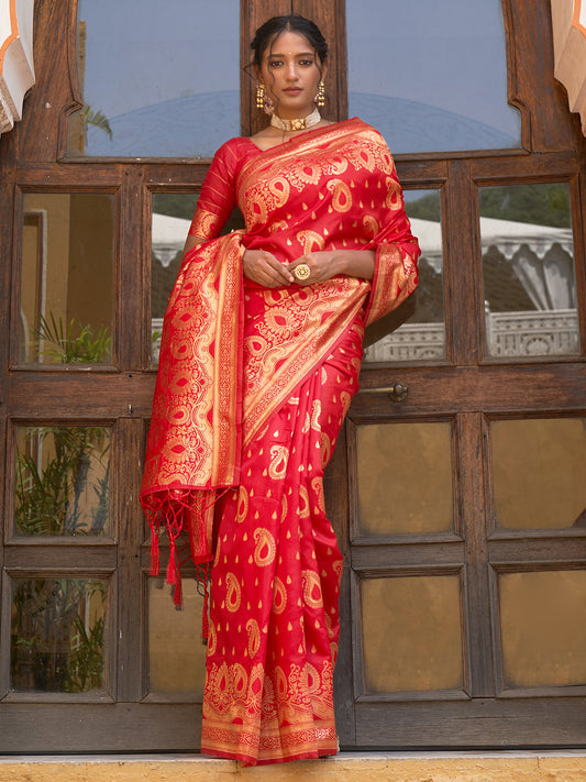 Janasya Red Banarasi Silk Paisley Woven Design Saree | Swadesiicart