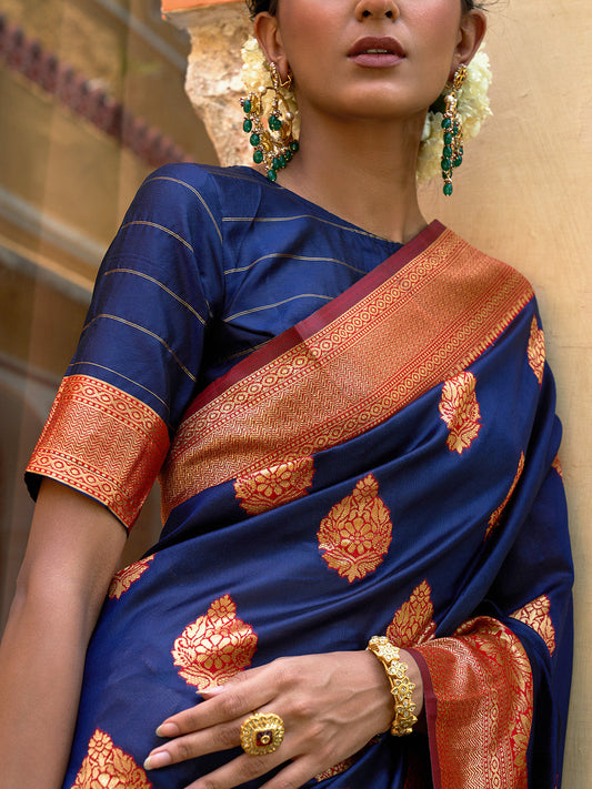 Janasya Navy Blue Silk Blend Woven Ethnic Motifs Woven Design Saree | Swadesiicart
