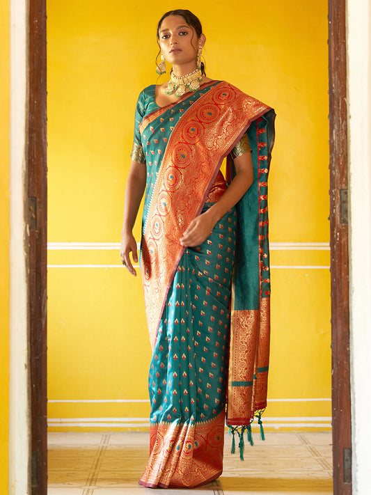 Janasya Green Silk Blend Woven Ethnic Motifs Woven Design Saree | Swadesiicart