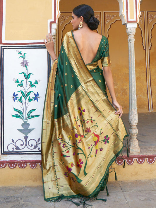 Janasya Green Paithani Silk Ethnic Motifs Paithani Silk Saree | Swadesiicart