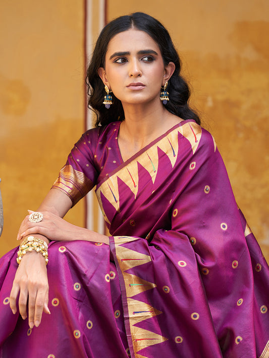 Janasya Wine Paithani Silk Ethnic Motifs Paithani Silk Saree | Swadesiicart