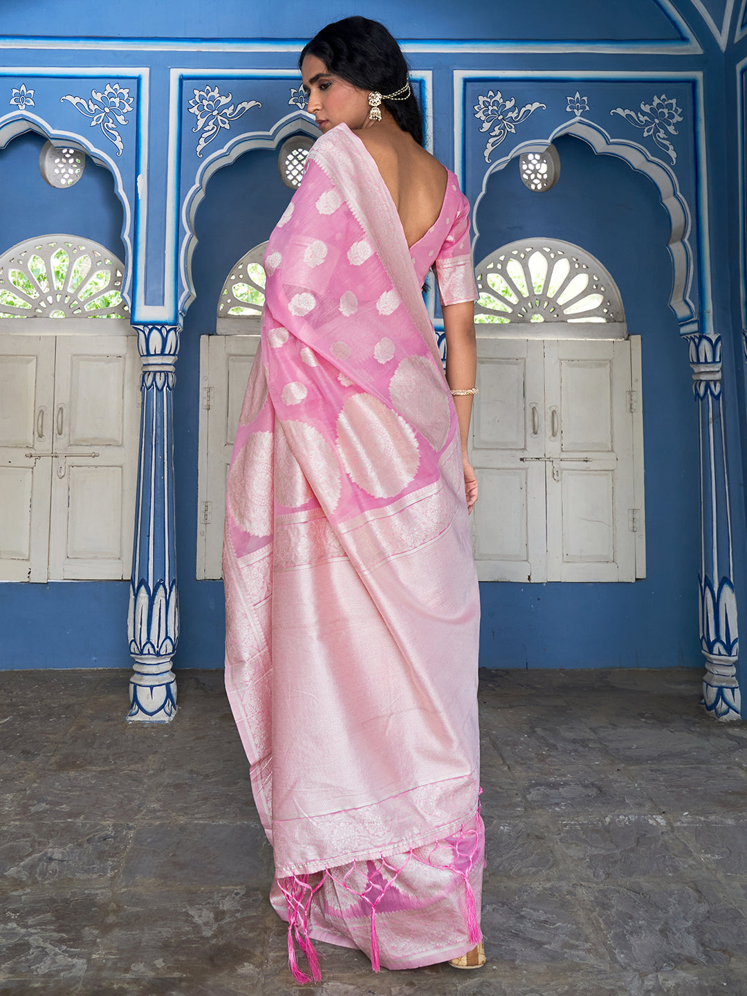 Janasya Pink Linen Cotton Woven Floral Design Woven Design Saree | Swadesiicart