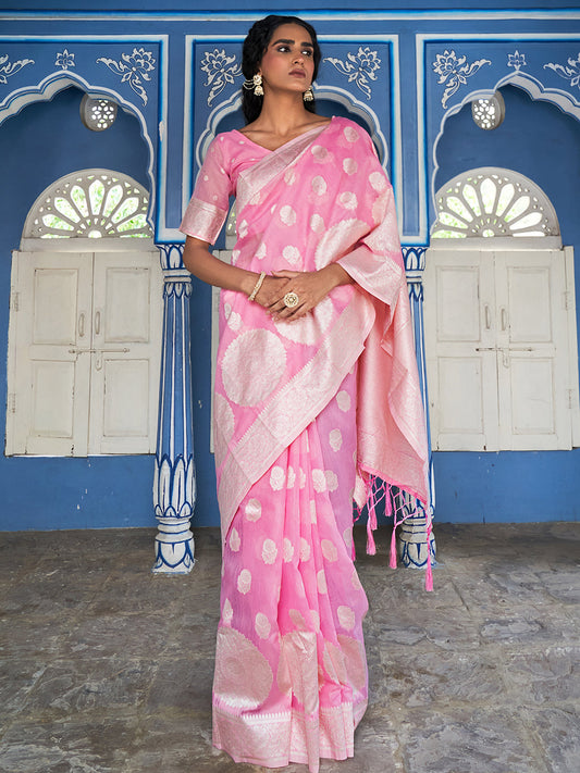 Janasya Pink Linen Cotton Woven Floral Design Woven Design Saree | Swadesiicart