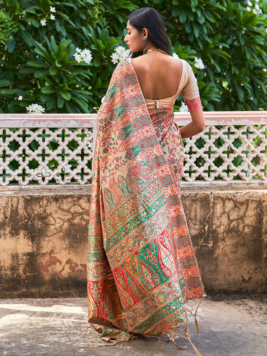 Janasya Beige Cotton Silk Pashmina Woven Design Swadesiicart
