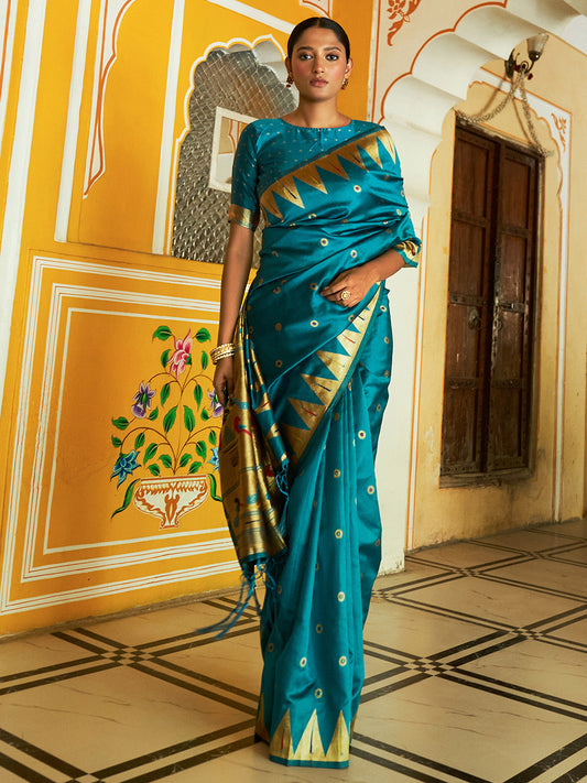Janasya Teal Paithani Silk Ethnic Motifs Paithani Silk Saree | Swadesiicart