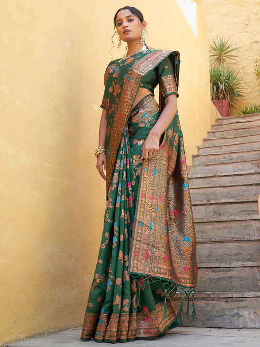 Janasya Green Banarasi Silk Woven Dual Tone Floral Design Banarasi Silk Saree | Swadesiicart